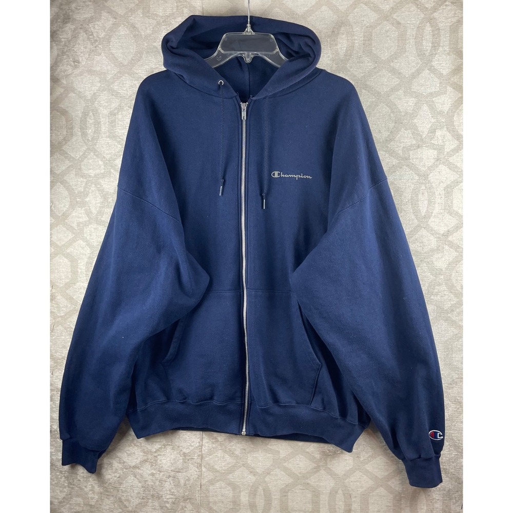 Champion Full Zip Hoodie Mens XXL Navy Blue Excellent Embroidered Logo Fleece